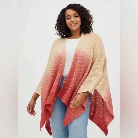 Torrid Ruana Tricolor Dip Dye Ombre Cream Pink Knit Poncho OS Plus Size - Picture 7 of 7